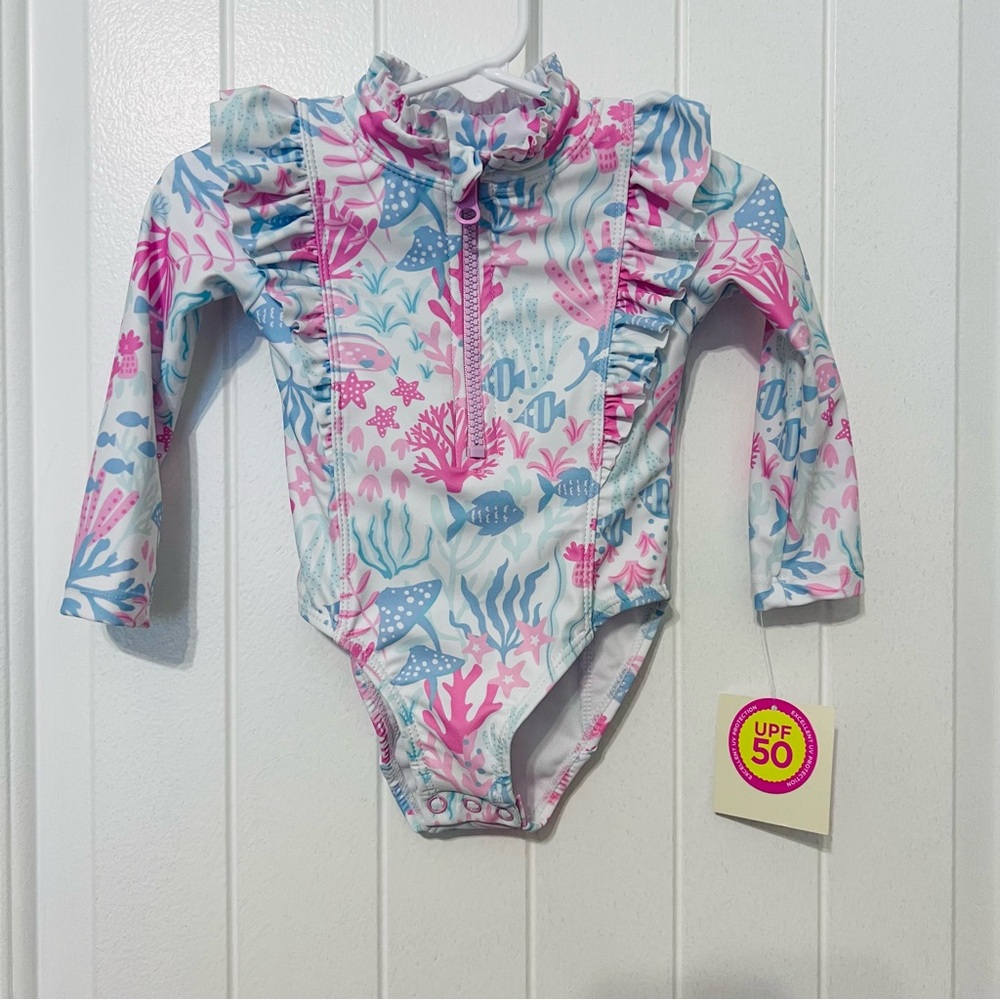 Cynthia Rowley Colorful Ruffled Long Sleeve UPF 50 Swimsuit NWT